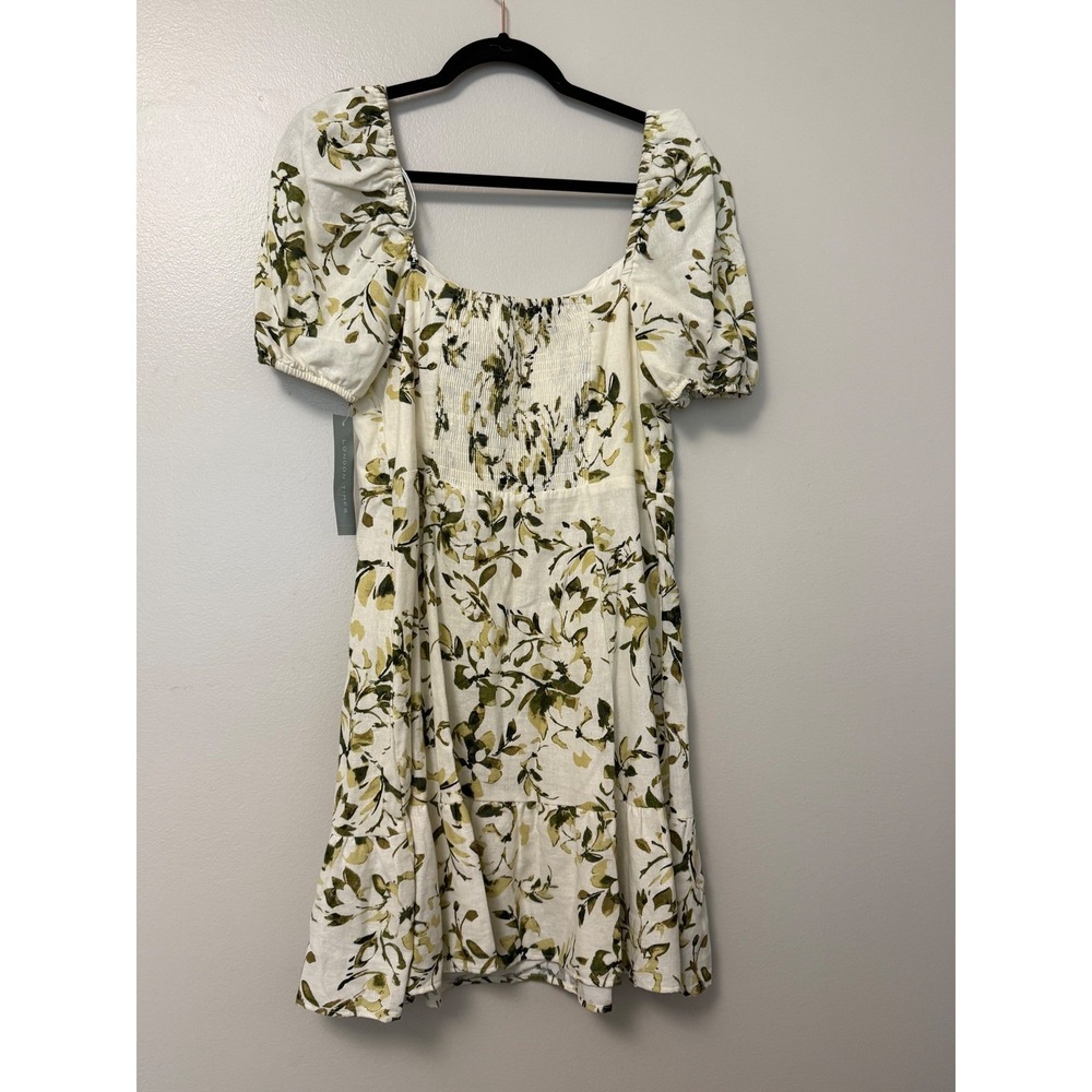 London Times Floral Linen Blend Puff Sleeve Smocked Back Mini Dress Ivory Green - Picture 3 of 8